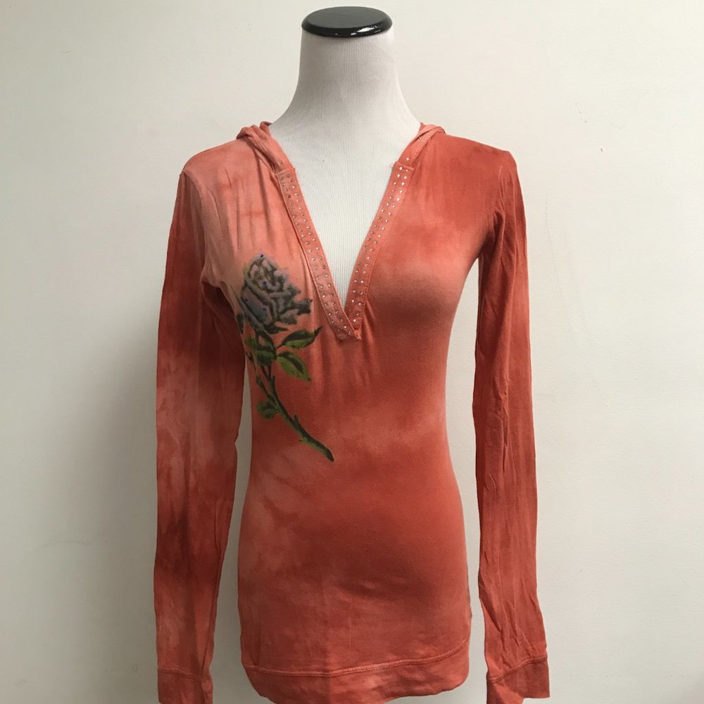 Nektar tie dye orange graphic hoodie top cotton boho hippie long sleeve studs S